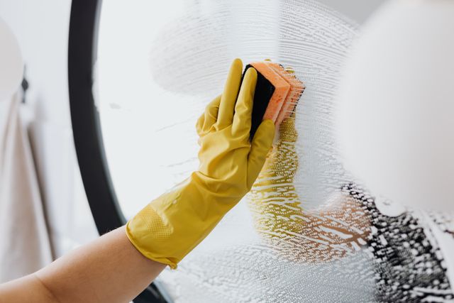 Yellow-gloved hand cleaning a round mirror with a sponge.